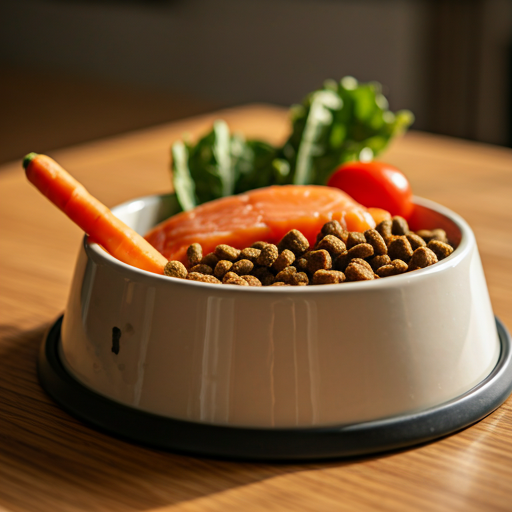 Close-up of a premium ceramic dog bowl filled with fresh organic vegetables, salmon, and nutritious kibble in warm kitchen light