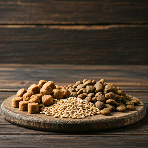 Side-by-side comparison of artisanal grain-free nuggets and whole grain-inclusive pet food on a rustic wooden board