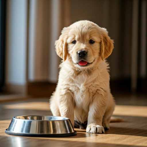 Adorable golden retriever puppy sitting patiently in front of an empty bowl in a bright sunlit morning room