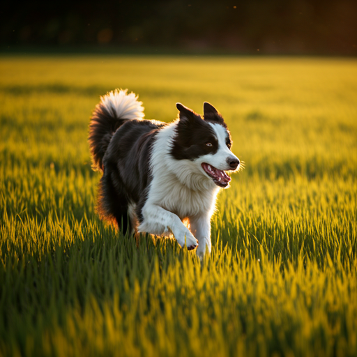 Energetic border collie running through a lush green field at sunset with golden light catching its fur