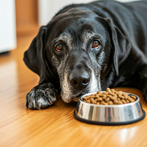 Gentle senior black labrador resting its head on paws next to a bowl of specialized senior health food