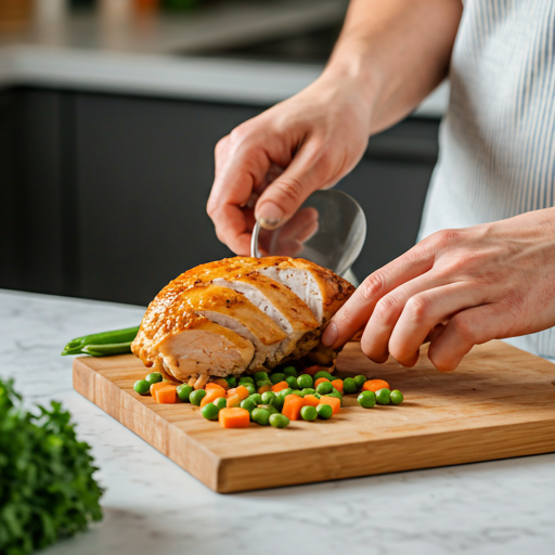 Hands of a pet owner carefully preparing a fresh meal of cooked chicken, carrots, and peas for a dog